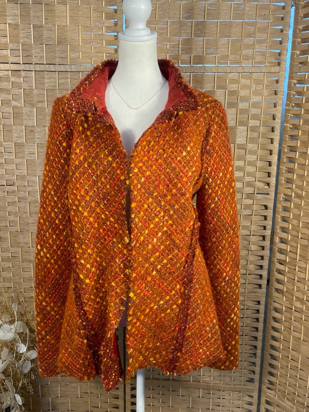 Women’s Vintage Orange Tweed Wool Blend Jacket - Stylish Fall Coat